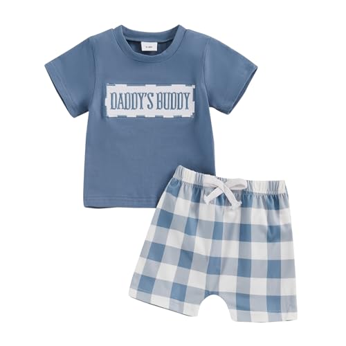 Toddler Infant Baby Boy Spring Summer Outfit Short Sleeve Letters Embroidery T shirt Top and Elastic Waist Plaid Shorts 2 Piece Tracksuit Set Clothes for Newborn Boys (Light Blue, 18-24 Months)