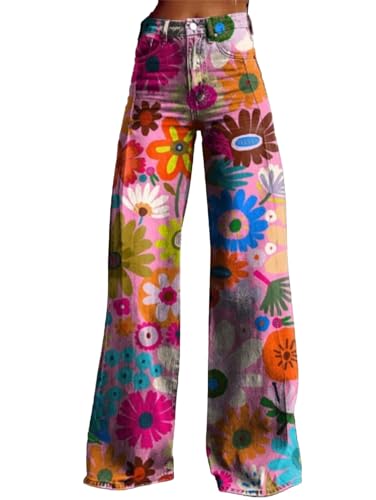 Women's Floral Print High Waisted Jeans, Straight Wide Leg Baggy