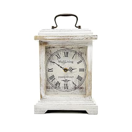 Rustic White Distressed Wood Mantel Clock, Silent Quartz Roman Numeral Shelf/Fireplace Table Clock