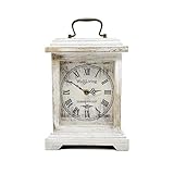 Rustic White Distressed Wood Mantel Clock, Silent Quartz Roman-Numeral Shelf/Fireplace Table Clock for Living Room & Home Décor