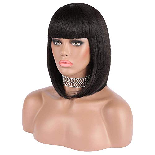 eNilecor Short Black Bob Wigs, 12" Straight with Flat Bangs Synthetic Colorful Cosplay Daily Party Wig for Women Natural As Real Hair+ Free Wig Cap (Black)