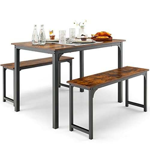 Set Tavolo Da Pranzo Con 2 Panche VASAGLE - Stile Industriale, 70x110cm, Marrone E Nero