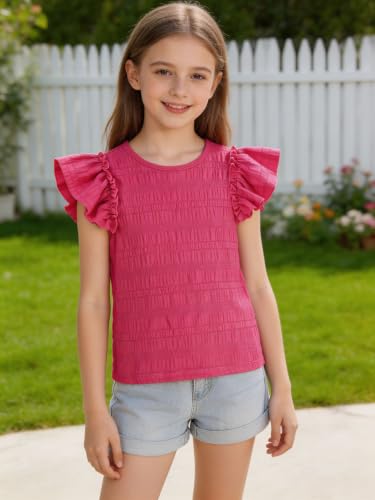 Image of Girls 4 Packs Tees Ruffle Short Sleeve T-Shirt Ribbed Knit Casual Summer Tunic Tops 4-12 Years