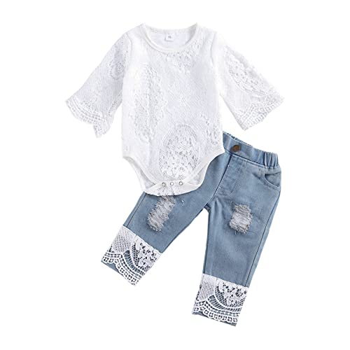 Image of COTUMEl Newborn Baby Girl Clothes Summer Outfits Lace Long Sleeve Romper Top and Ripped Flare Jeans Cute 2PCS Infant Set