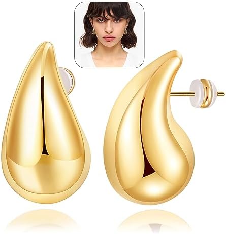 EXGOX Chunky Gold Hoop Earrings for Women, Lightweight Teardrop Earrings Hypoallergenic Gold Plated Waterdrop Earrings,Thick Statment Gold Hoop Earrings for Women Jewellery Gift