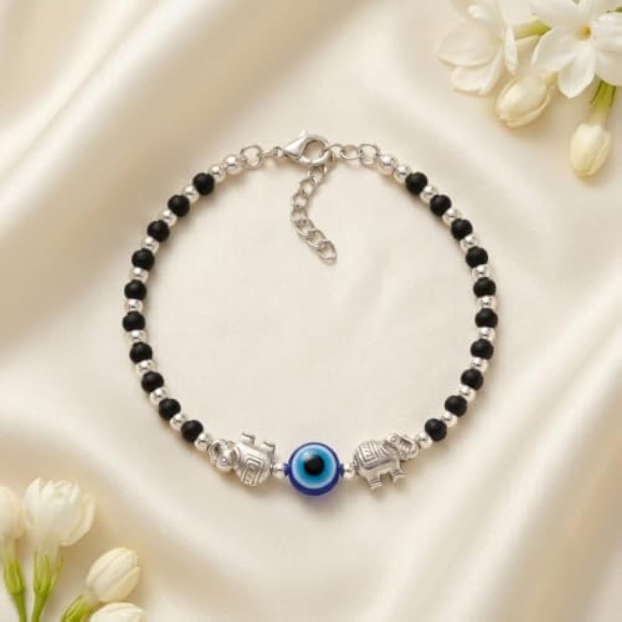 Evil Eye Anklet and Bracelet Combo with Black Beads