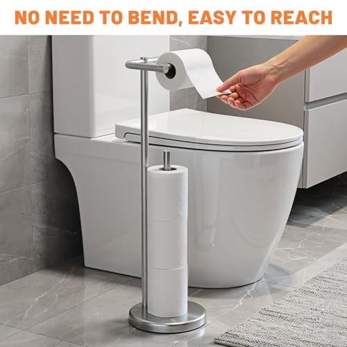 Housolution Toilet Paper Holder Stand, Brushed Nickel Freestanding Toilet Paper Holder with Post Pivoting Design and Stable Weighted Base, Stainless Steel Bathroom Toilet Paper Holder by Housolution - Image 8