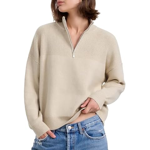 kayamiya Women's Casual Mock Turtleneck Sweaters Long Sleeve Drop Shoulder Chunky Quarter Zip Knit Pullover Beige S Cover