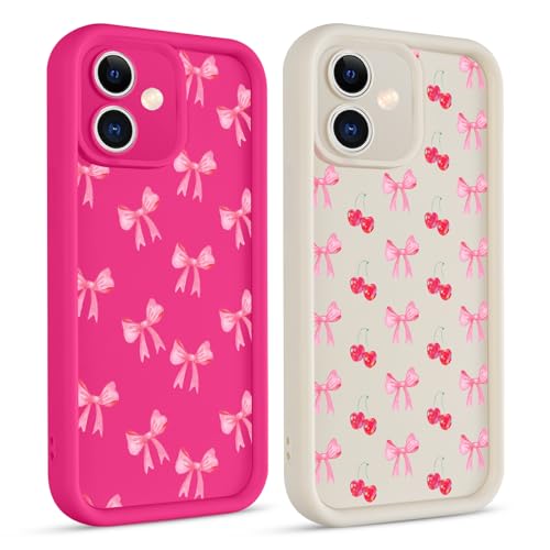 lioscre 2 Pack Cute Coquette Bow Phone Case for iPhone 17 6.3", Aesthetic Pink Cherry Ribbon Bowknot Pattern Print Design Women Girls Case Soft Slim Shockproof TPU Protective Funda Cover