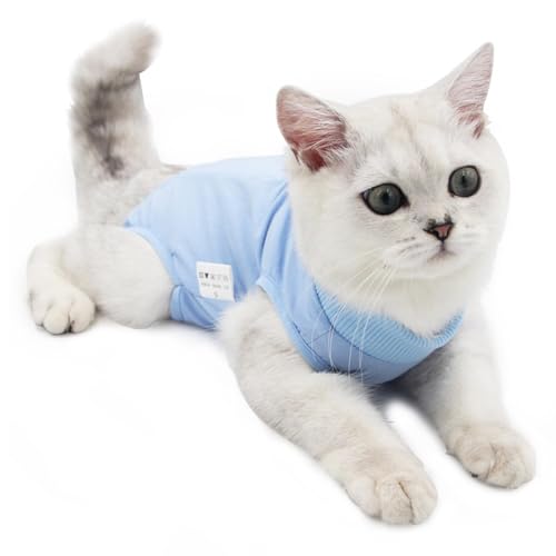 Cat Recovery Suit, Cat Professional Recovery Suit for Abdominal Wounds or Skin Diseases After Surgery E-Collar Alternative for Cats Anti Licking Pajama Suit Kittesn Surgery Recovery Suit(Blue,L Size)