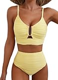 Herseas Women's Popular Swimsuits 2 Piece U-Wired Push up Ribbed Ruched High Rise Bikini Sets Longline Modest Solid Slimming Swim Suit Elegant Vacation Clothes Yellow Cream Large