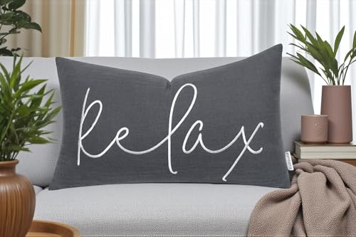 Rudransha Relax Embroidered Lumbar Pillow Cover – 12x20 Dark Grey Cotton