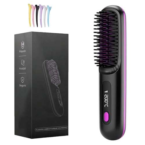 Brosse Brushea Pro 2.0, Brushea Brisse Cheveux Courts, 3 Températures 160/180/200°c, Recharge USB-C, Brosse Chauffante Portable Voyage Pour Cheveux Fins...