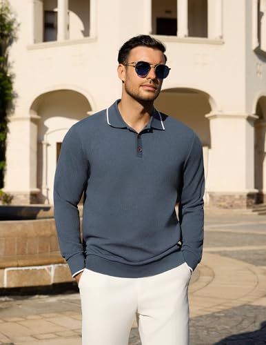 Men's Casual Polo Shirts Long Sleeve Textured Collared Pullover Knit Ribbed Classic Golf Polo Sweaters3