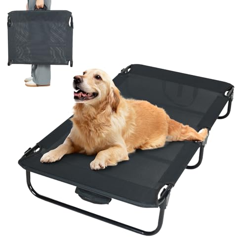 Elevated Dog Bed for Large Pet with No-Slip Feet, Foldable Portable Washable Raised Bed for Indoor&Outdoor Camping Dog Cot, with Cooling Waterproof Breathable Mesh (Large, Black-Textilene) B