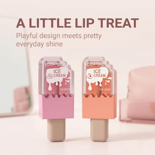 Image of 2pc Ice Cream Shape Lip Gloss Set, Waterproof | Lightweight, Non-Sticky, Shimmery Effect, Long Lasting Liquid Glitter Lip Tint, for women