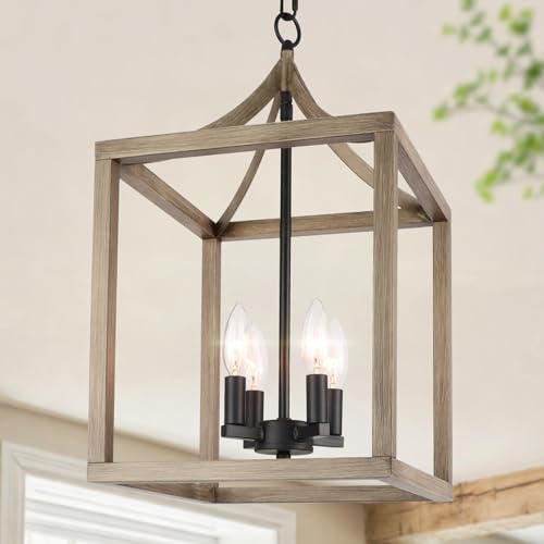 LPRZSG 4-Light Farmhouse Chandelier - Industrial Lantern Ceiling Fixture with Painted Wood Metal Cage, Geometric Pendant Chandeliers Light for Entryway, Foyer, Kitchen, E12 Base by LPRZSG - Used condition - US$33.99