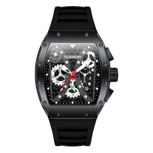 Guanqin Montre mécanique à remontage automatique pour homme - Cadran squelette - Double face - Étanche - Bracelet en caoutchouc lumineux - En forme de...