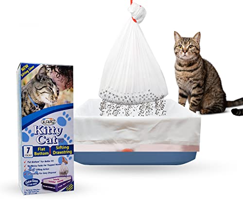 Self Sifting Kitty Litter Box Liners, Set Of 7 - Flat Base Disposable Cat Waste Tray Bags For Pet Poop - Xl Design For Large Trays - With Inbuilt Drawstring Handles - Liner Fits The Corner Of The Pan #TOP19