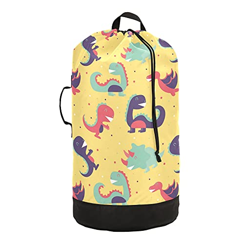 One Bear Cute Colorful Dinosaur Yellow Laundry Bag Drawstring Closure Waterproof Durable Backpack Storage Basket Dirty Clothes Bag Laundry Hamper With Shoulder Straps #TOP10