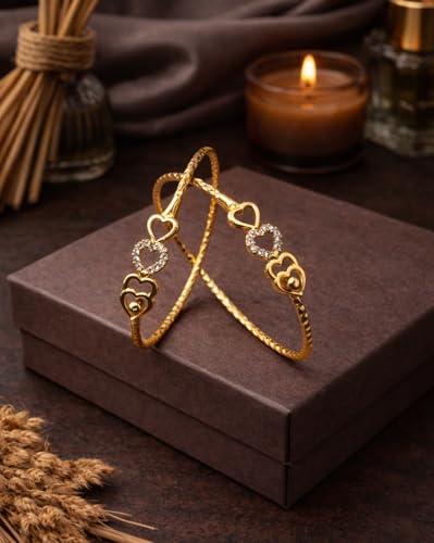 Image of Gold Plated Heart Bangle Bracelet, Twisted Rope Design with Black and Crystal Accent, Adjustable Cuff Style, Fashion Jewelry for Women