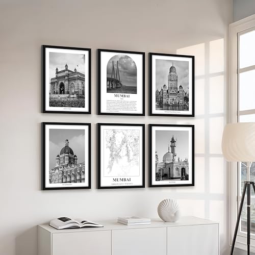 Image of PAINTINGMANTRA Framed Painting A3 Mumbai Wall Art Prints Pack of 6,Heritage Landmark, Gateway of India, Bollywood Cityscapes, Photos for Living Room,Bedroom, Office Decoration (32x44 cm)