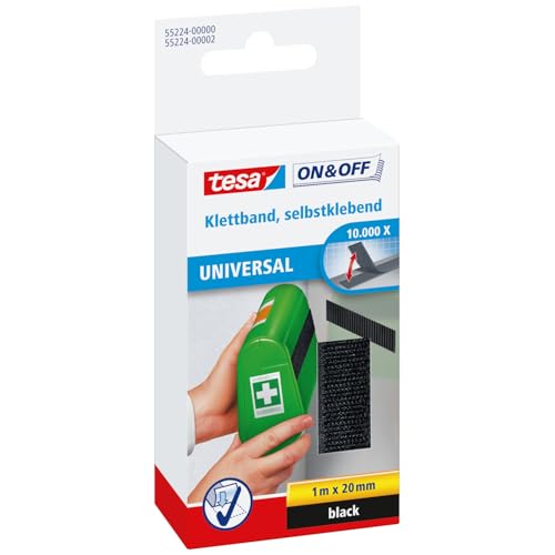 tesa On & Off General Purpose Stick on Tape - Self-Adhesive Hook & Loop Tape for Quick Fastening of Light Objects - Black, 2 cm x 100 cm