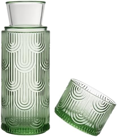 Mouthwash Dispenser, Bedside Water Carafe with Cup And Glass Set, Mouth Wash Dispensers for Bathroom, 21.6 Oz Glass Mouthwash Container with 6 Oz Drinking Cup As Lid (Green)