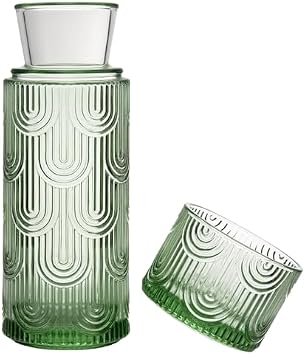 Mouthwash Dispenser, Bedside Water Carafe with Cup And Glass Set, Mouth Wash Dispensers for Bathroom, 21.6 Oz Glass Mouthwash Container with 6 Oz Drinking Cup As Lid Green
