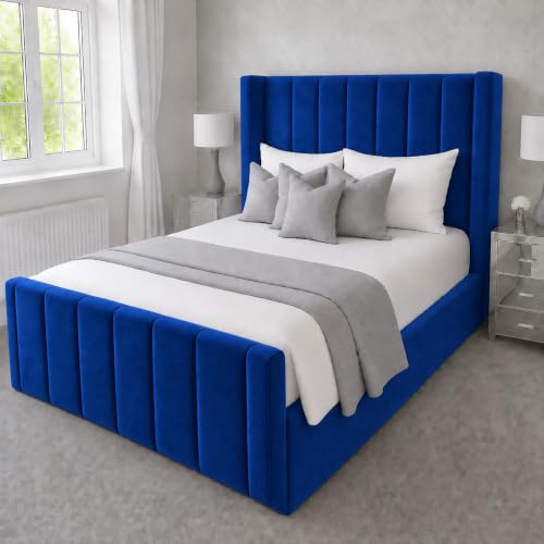 Image of Bed Craft Upholstered Panel Bed Frame Plush Velvet | UK Made | Double/King/Super King Sizes | Optional Gas Lift Storage & Mattress (Royal Blue Plush, King 5ft Bed Frame)