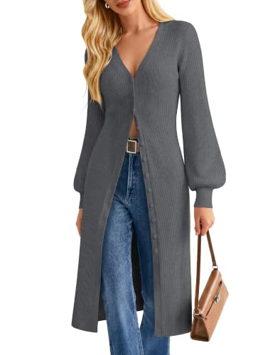 GRACE KARIN Long Cardigan for Women, Button Up Maxi Sweater Dress, Lightweight Knit V Neck Duster Coat Fall Clothes Dark Gray 2XL