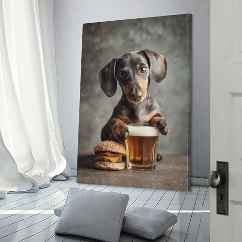 Tableau sur toile chien bière hamburger 40x60 cm pour déco chambre