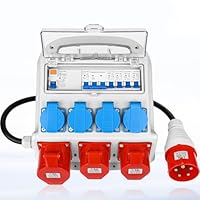 Warmfay Wandverteiler Vorverkabelt Stromverteiler, 4x 230V Schuko Steckdosen + 2x CEE 16A + 1x CEE 32A, Baustromverteiler mit FI-Schalter und LS Schalter, IP67 Wasserdicht Gehäuse für Innen und Außen
