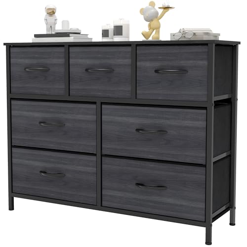 YITAHOME Wide Chest of Drawers with 7 Drawers, Fabric Dressers with Easy Pull Handle,Sturdy Steel Frame,Storage Drawers for Bedroom, Closet,Charcoal Black Wood Grain