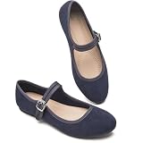 BABUDOG Womens Mary Jane Flats with Strap,Faux Suede Black Flats Shoes,Flats Shoes Women Dressy Comfortable(Navy 06)