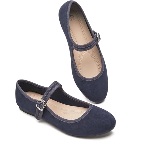 Image of BABUDOG Womens Mary Jane Flats with Strap,Faux Suede Black Flats Shoes,Flats Shoes Women Dressy Comfortable