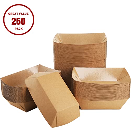 DEAYOU 250 Pack Paper Food Boats, 2 LB Kraft Food Trays Disposable, Grease Resistant Snack Holder Container for French Fries, Nachos, Hot Dog, Tacos, Popcorn, BBQ, Party, Picnic, Concession Stands