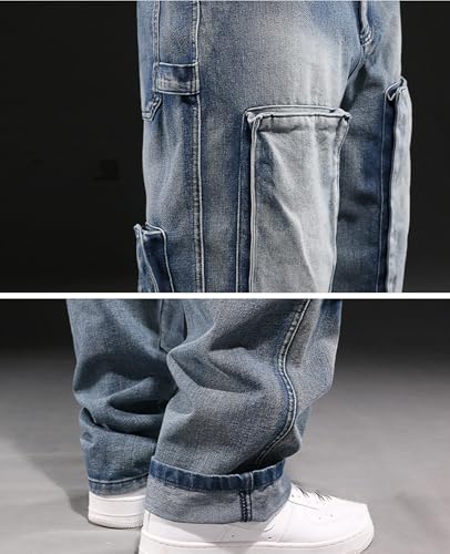 Men's Baggy Cargo Denim Pants Regular Fit Straight-Leg Hip Hop Jeans with Multiple Pockets4