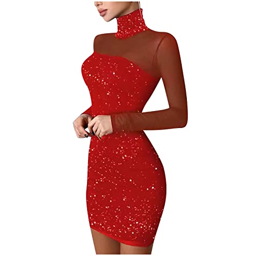 Rioge Damen Glitzer Kleid Sexy Enges Kleid Damen Kurz Minikleid Langarm Rollkragenkleid Partykleid Winter Abendkleid Ballkleid Damen Elegant, 00 # Rot, M Cover