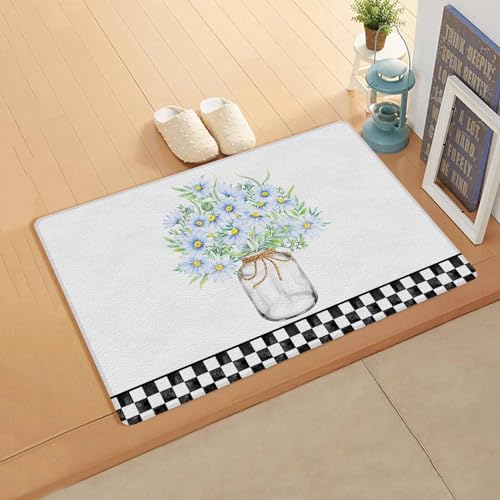 Blue Daisy Floral Antifatigue Kitchen Bath Door Mat Cushioned Runner Rug,Washable Welcome Floor Sink Mat,Waterproof Non-Slip Kitchen Standing Doormat,White Black Checkered Spring Floral Summer 18