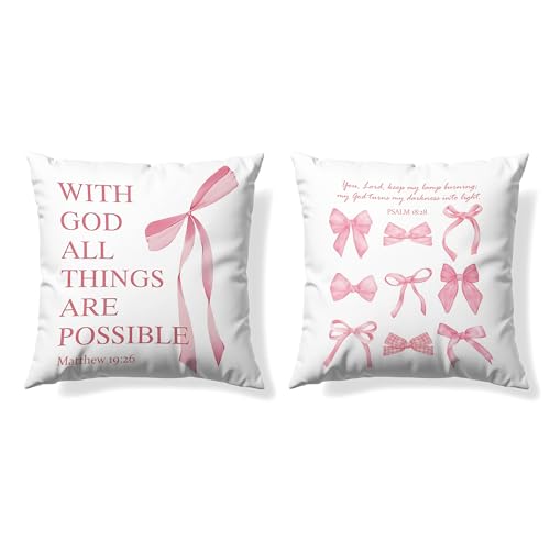 GTYNU Coquette Pink Bow Christian Throw Pillow Covers 18x18 Set of 2,Pink Bow Christian Room Bedroom Dorm Decor Aesthetic for College Teen Girls Gifts, Inspirational Bible Verses Bow Pillowcase（02）