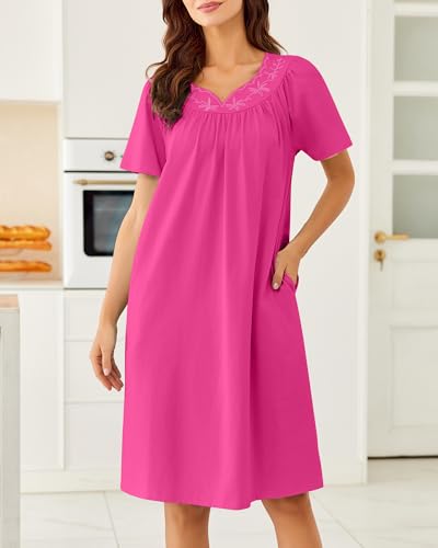Image of Ekouaer Moo Moos for Women House Dress With Pockets Cotton Nightgowns Short Sleeve Night gowns Embroidered Mumu Dress