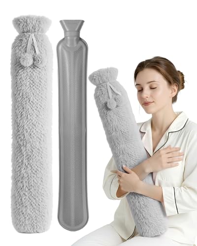 KEPLIN Extra Long 2L Hot Water Bottle with Super Soft Fleece Cover Durable Natural Rubber Long Lasting Warmth for Neck Back & Body Winter Comfort - Grey