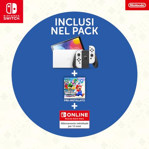 Nintendo Console Switch OLED (bianco) con gioco Super Mario Bros. Wonder preinstallato e abbonamento 12 mesi Switch Online - Immagine 1