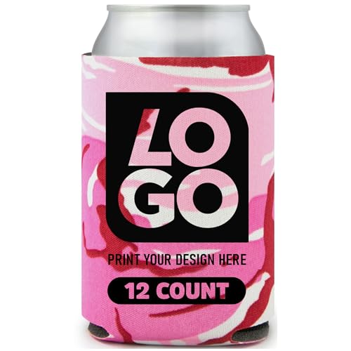 Custom Foam Can Coolers – One Color Imprint, Collapsible Can Sleeves for Parties, Weddings, Events, and Promotional Gifts (Camo Pink, QTY12)