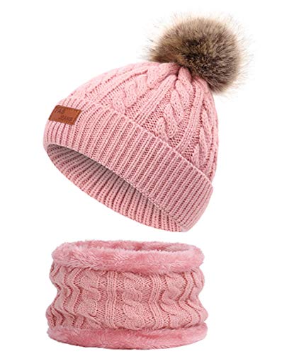 Qinju Bonnet d'hiver chaud avec écharpe et bonnet en tricot thermique pour enfant de 1 à 5 ans - Rose - Taille unique Cover