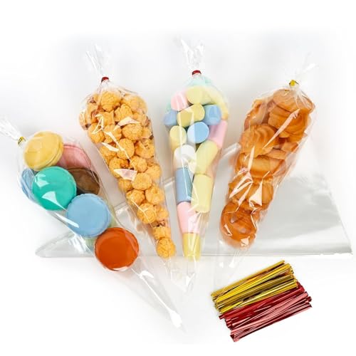 VGOODALL 200 Pack Cone Bags, 6.3×11.8 Inch Cellophane Treat Bags with Ties for Wedding Birthday Party Favor