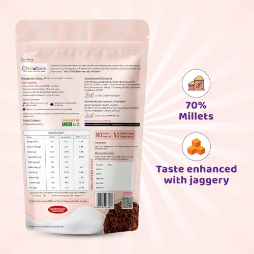 Image of Chewboo Ragi Millet Shells | High Fibre, Iron & Calcium Kids Cereal | 72% Ragi | Jaggery Sweetened | No Refined Sugar | Healthy Breakfast & Snack | 400g