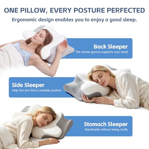 Image of Cervical Neck Pillow, Memory Foam Pillows for Neck and Shoulder Pain Relief, 2 Heights Ergonomic Pillow with Breathable Ice Silk Cover, Neck Support Pillow for Side Sleepers White