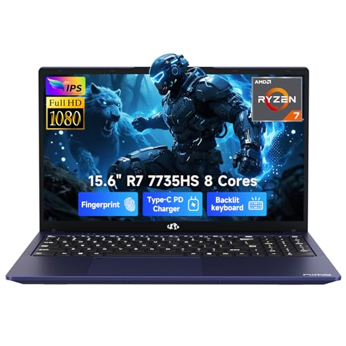 NIMO 2025 Gaming Laptop, 15.6" FHD Laptop with AMD R7 7735HS (8C/16T, Up to 4.75GHz), 16GB DDR5 RAM 512GB SSD Computer with Radeon 680M 100W Type-C Backlit KB Fingerprint